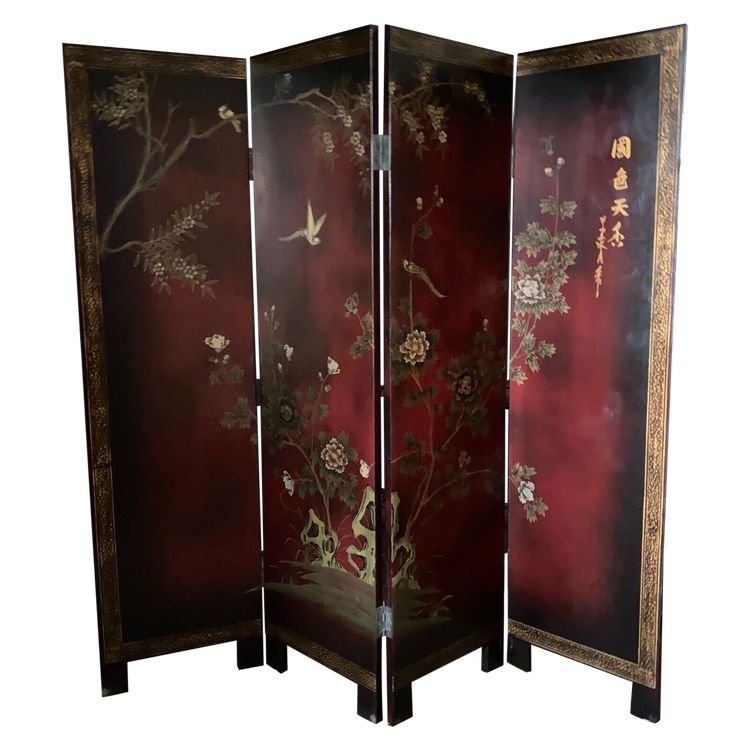 Chinese lacquer screen, 4 panels, naturalistic décor, early 20th century