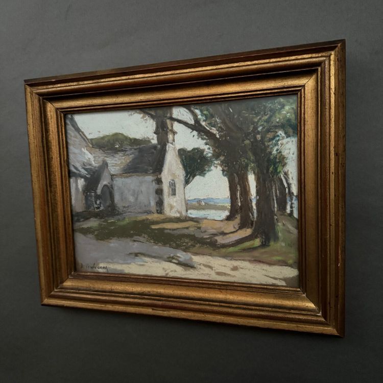 Pastel on cardboard by Désiré Lucas depicting a Morbihan chapel