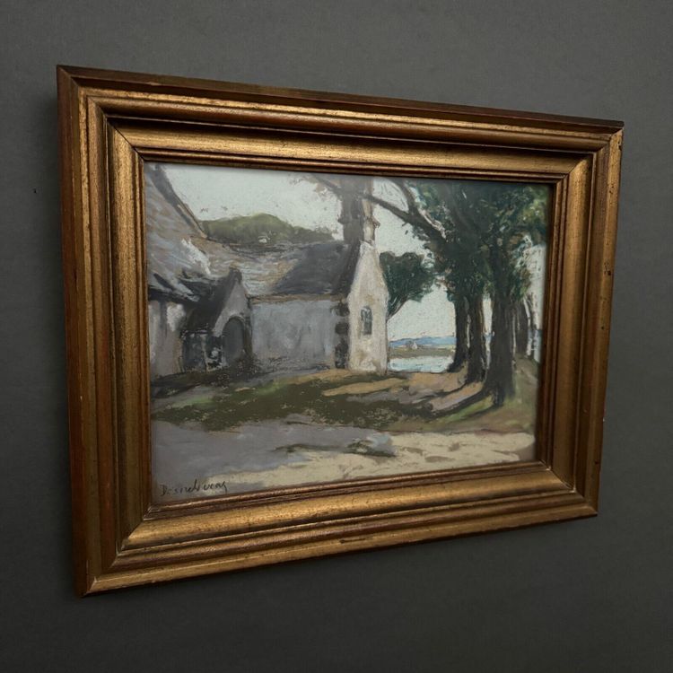Pastel on cardboard by Désiré Lucas depicting a Morbihan chapel