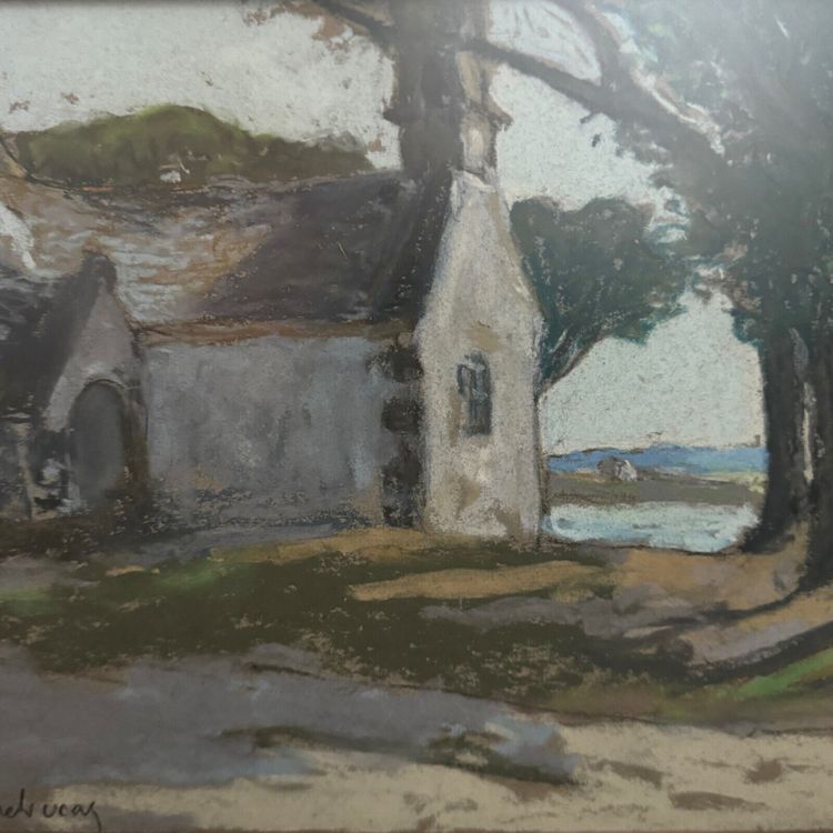 Pastel on cardboard by Désiré Lucas depicting a Morbihan chapel