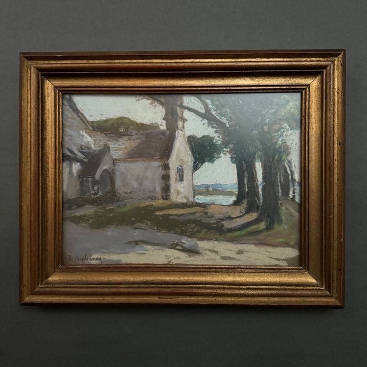 Pastel on cardboard by Désiré Lucas depicting a Morbihan chapel