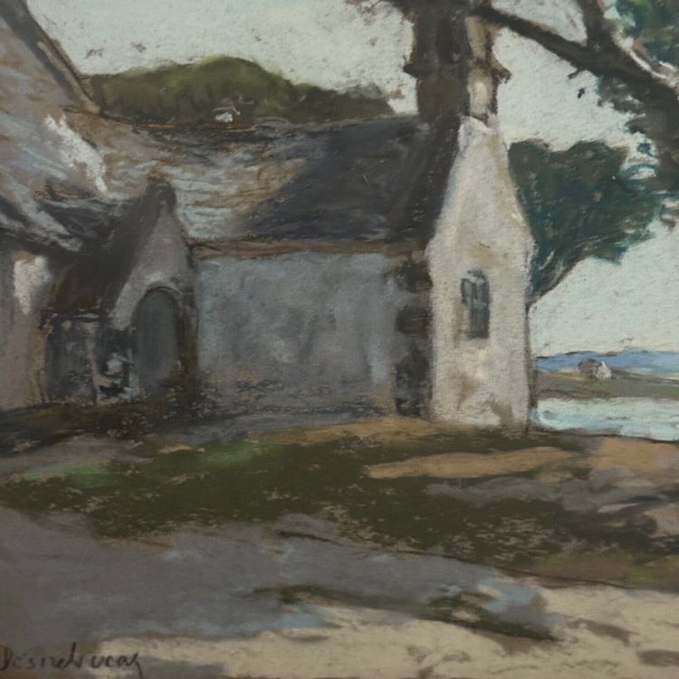 Pastel on cardboard by Désiré Lucas depicting a Morbihan chapel