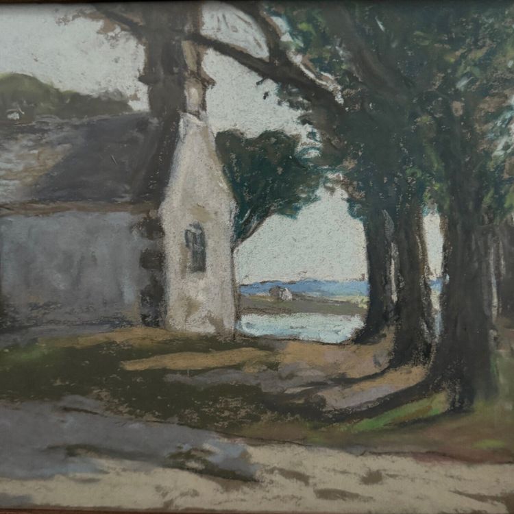 Pastel on cardboard by Désiré Lucas depicting a Morbihan chapel
