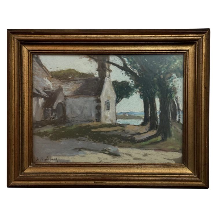Pastel on cardboard by Désiré Lucas depicting a Morbihan chapel