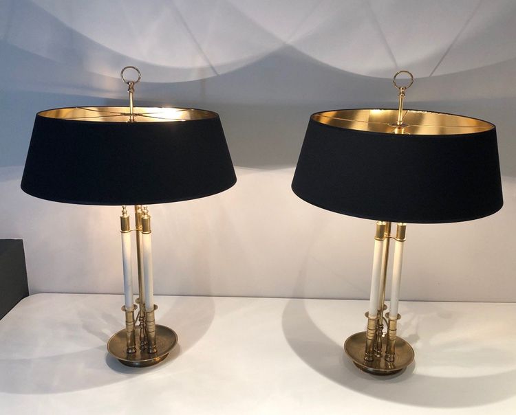 Pair of Neoclassical Style Brass Lamps Made of 3 White Lacquered Tubes. Circa 1940