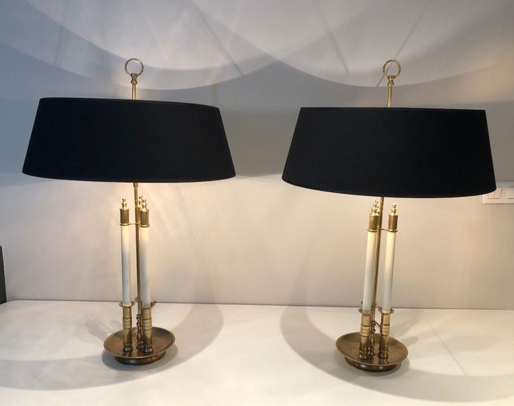 Pair of Neoclassical Style Brass Lamps Made of 3 White Lacquered Tubes. Circa 1940