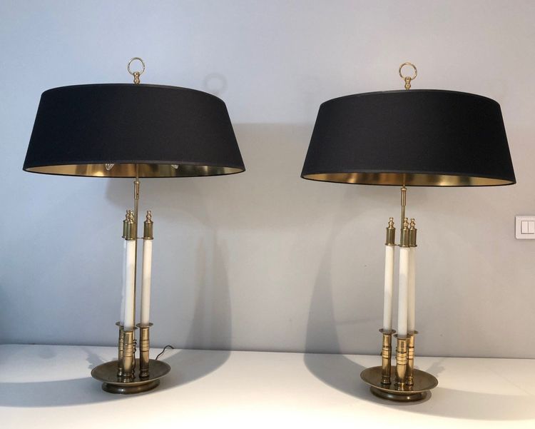 Pair of Neoclassical Style Brass Lamps Made of 3 White Lacquered Tubes. Circa 1940