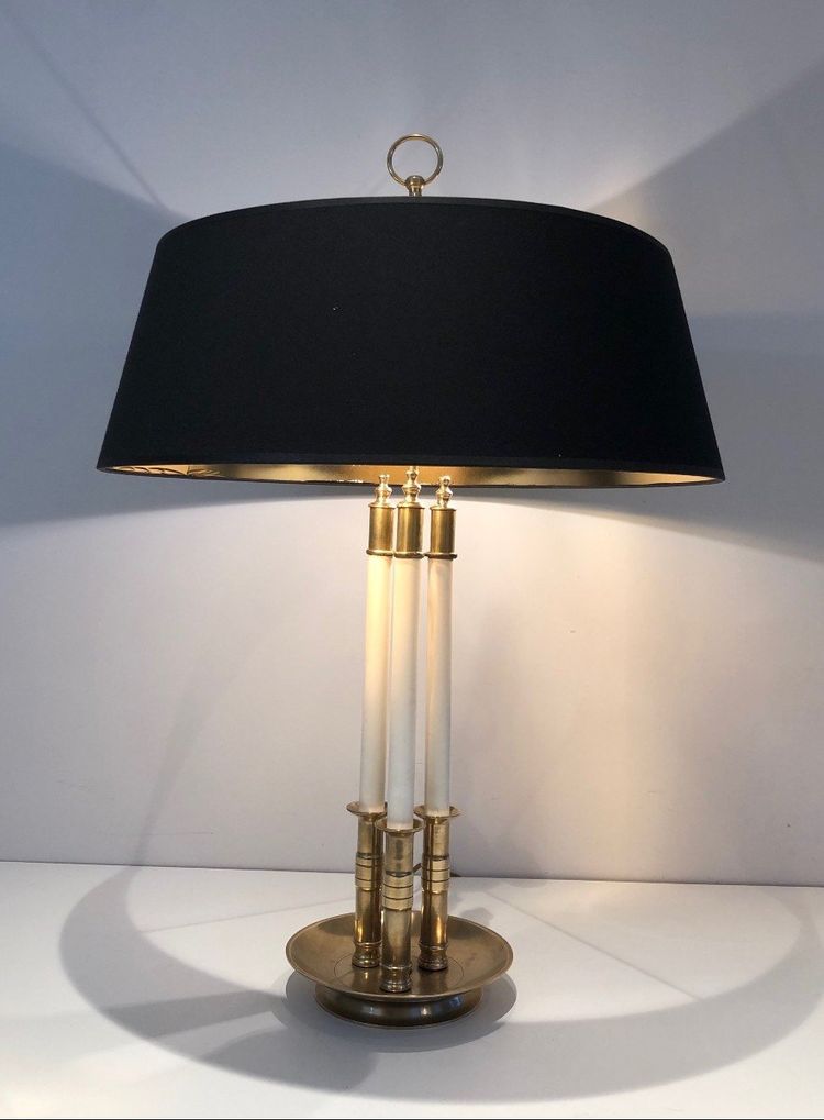 Pair of Neoclassical Style Brass Lamps Made of 3 White Lacquered Tubes. Circa 1940