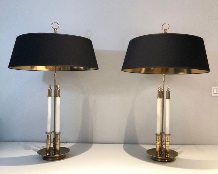 Pair of Neoclassical Style Brass Lamps Made of 3 White Lacquered Tubes. Circa 1940