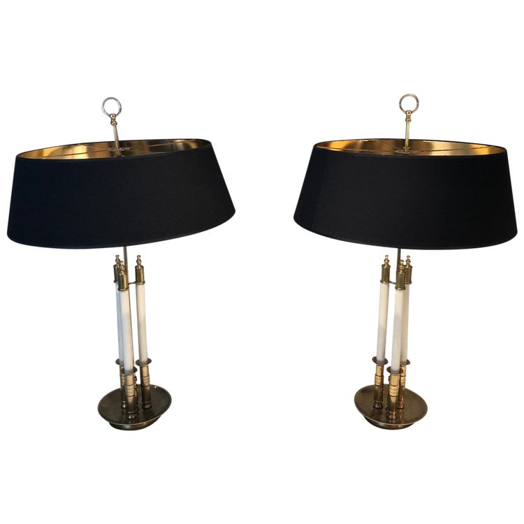 Pair of Neoclassical Style Brass Lamps Made of 3 White Lacquered Tubes. Circa 1940