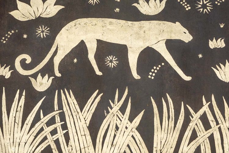 Auf Leinwand bemalt. Panther auf einem goldenen Hintergrund. Zeitgenössische Arbeit. LS60291080A