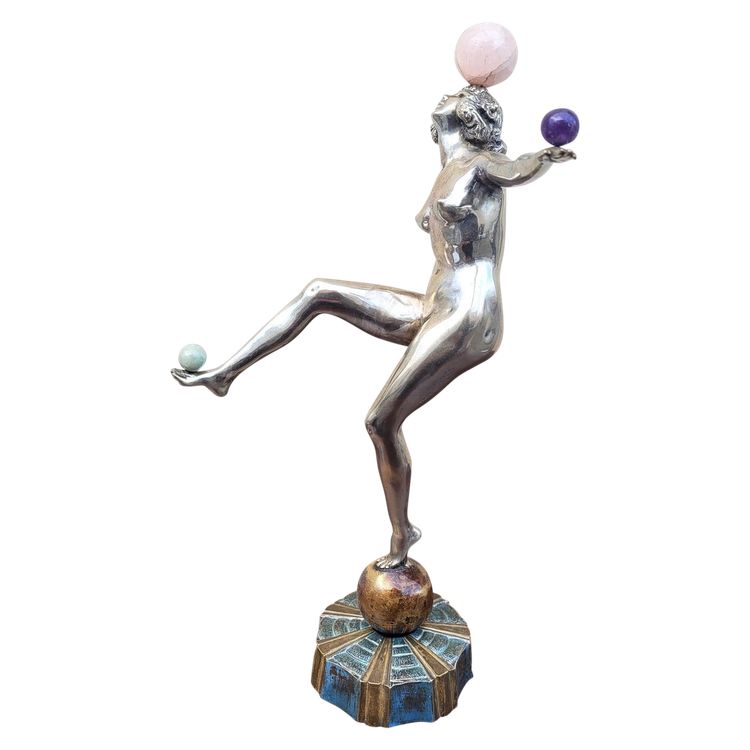 Danseuse Aux Balles En Bronze Argenté, Art Deco, 20th Century
