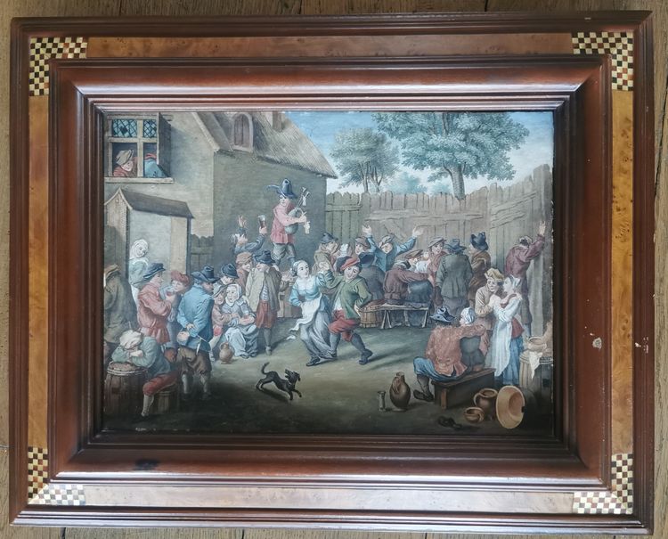 watercolour scene of a village festival in the style of Teniers