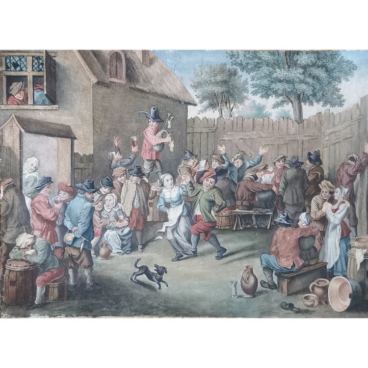 watercolour scene of a village festival in the style of Teniers