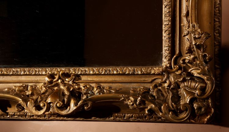 Very impressive original gilded wood and gesso mirror in the Louise Quinze XV style, circa 1900.