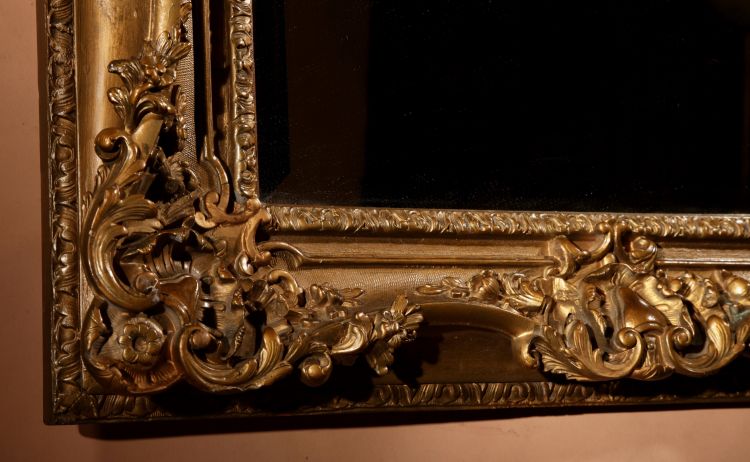 Very impressive original gilded wood and gesso mirror in the Louise Quinze XV style, circa 1900.
