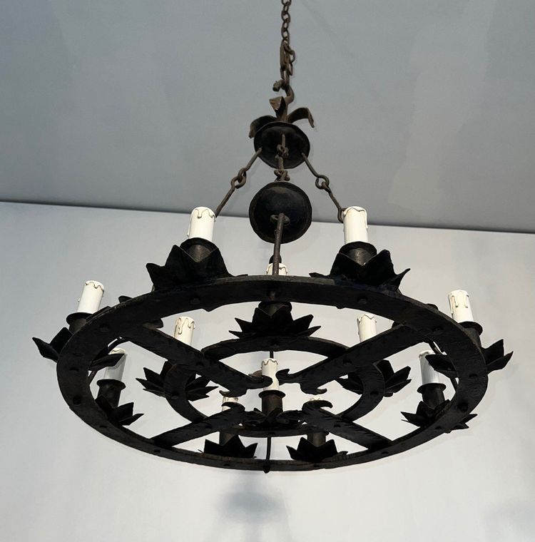 Important 12-Light Wrought Iron Chandelier. French Gothic work. Circa 1940