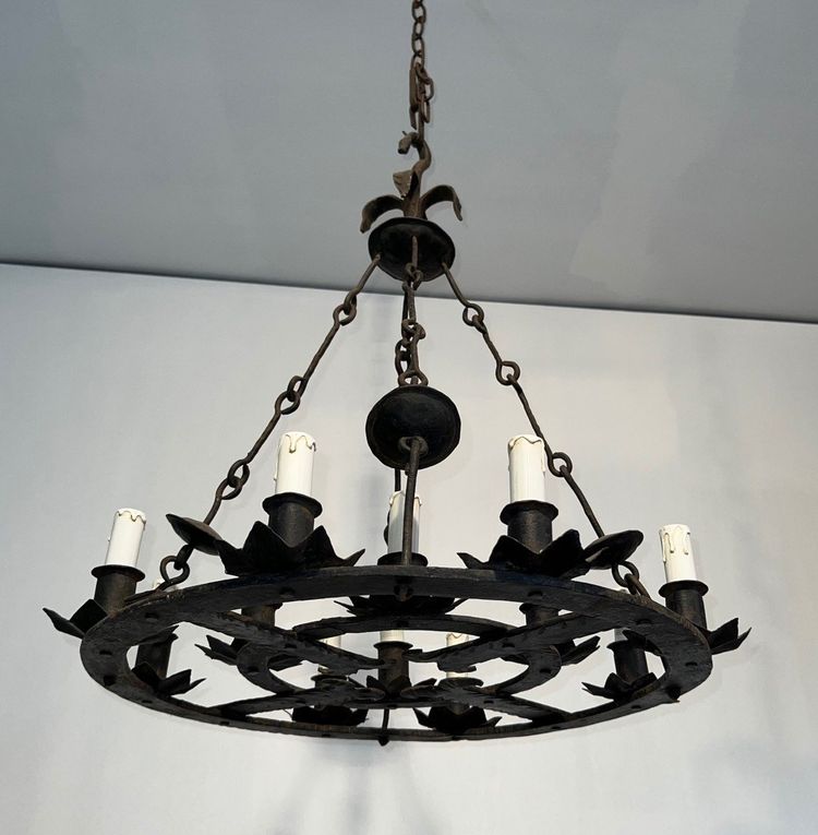 Important 12-Light Wrought Iron Chandelier. French Gothic work. Circa 1940