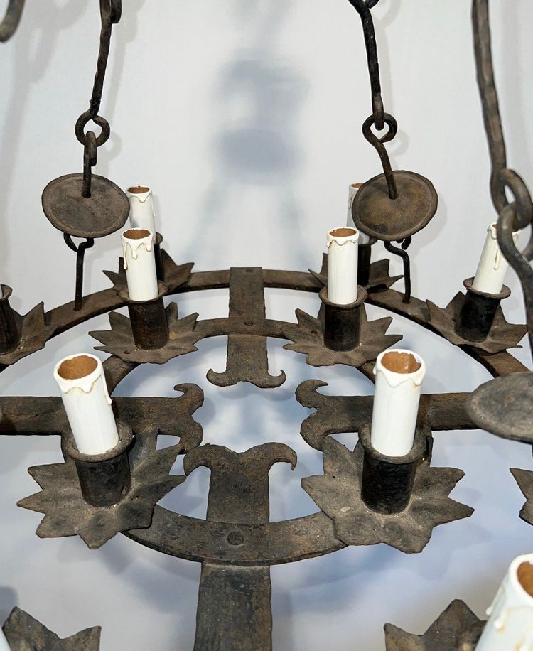 Important 12-Light Wrought Iron Chandelier. French Gothic work. Circa 1940