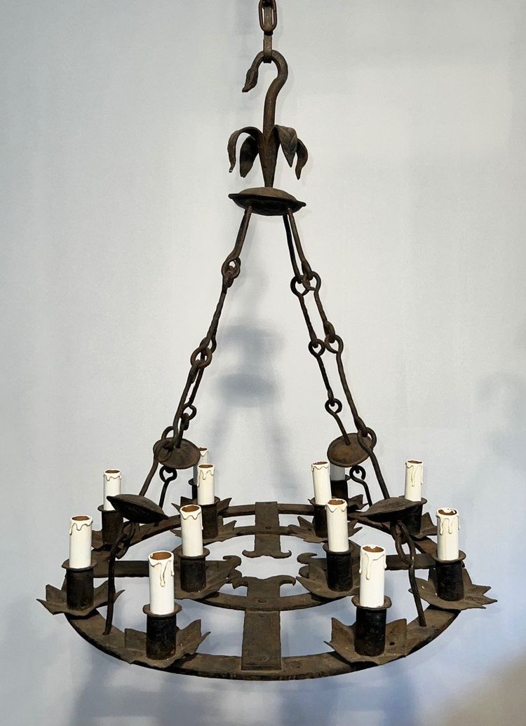 Important 12-Light Wrought Iron Chandelier. French Gothic work. Circa 1940