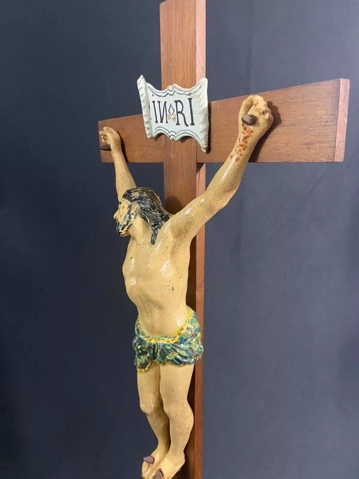 Large Nevers earthenware altar cross 18th century Morlait Lejeune 1781