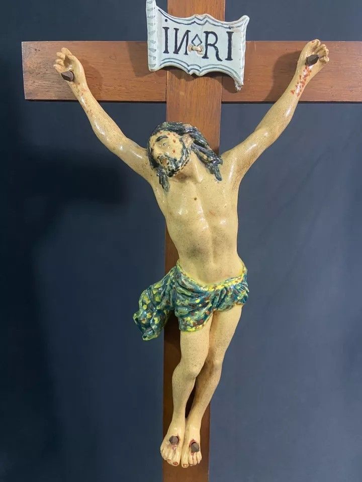 Large Nevers earthenware altar cross 18th century Morlait Lejeune 1781