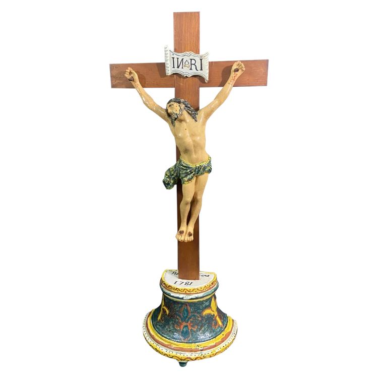 Large Nevers earthenware altar cross 18th century Morlait Lejeune 1781