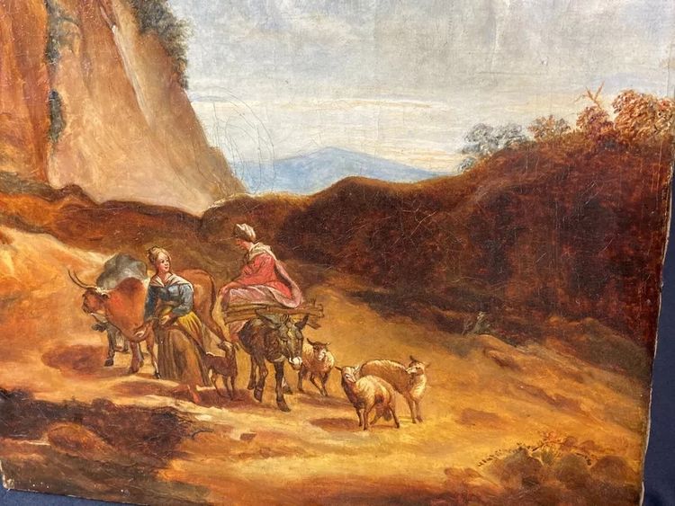 Tableau huile sur toile XVIIIe aux jeunes paysannes