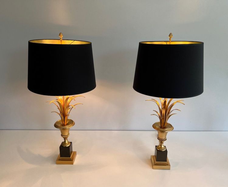 Paire De Lampes Palmier En Chrome Et Laiton. Travail Francais Dans Le Goût De La Maison Charles