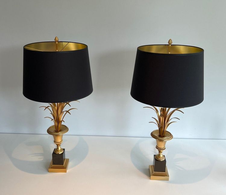 Paire De Lampes Palmier En Chrome Et Laiton. Travail Francais Dans Le Goût De La Maison Charles