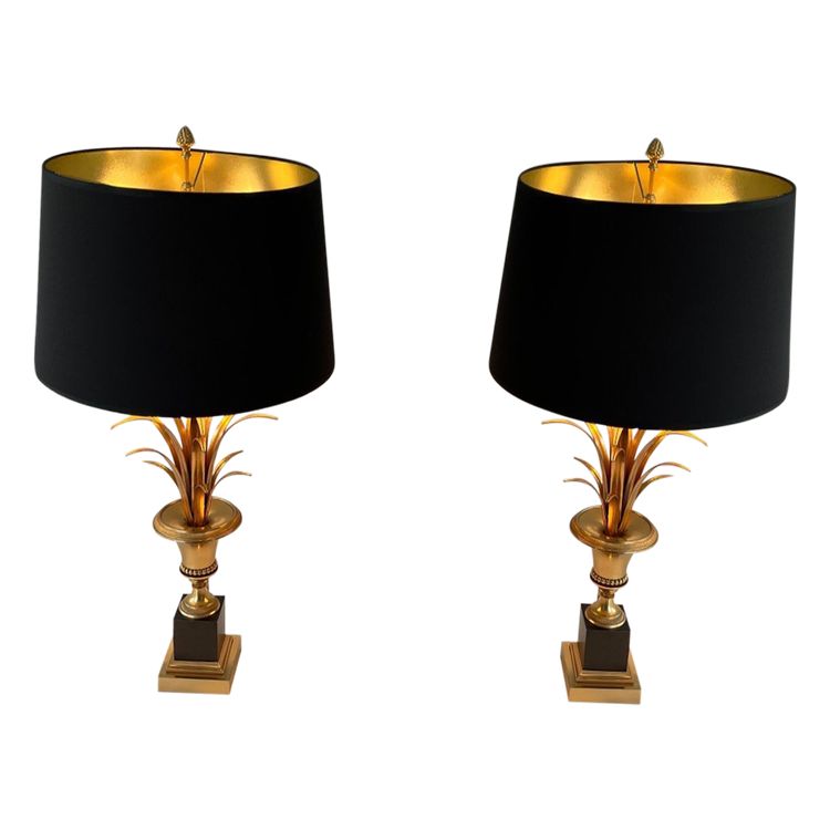 Paire De Lampes Palmier En Chrome Et Laiton. Travail Francais Dans Le Goût De La Maison Charles