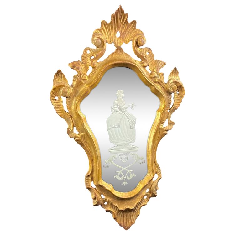 Miroir vénitien églomisé à l'élégante cadre bois doré sculpté XIXe