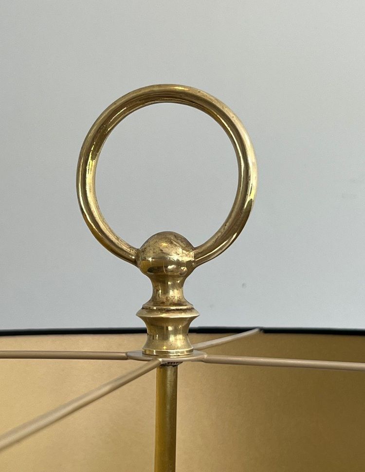 Coppia di lampade da terra in acciaio e ottone spazzolato con corna da caccia.