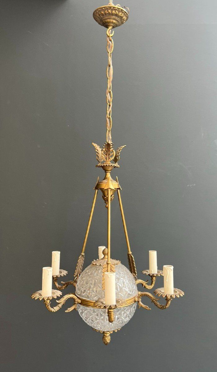 Empire Style Hot Air Balloon Chandelier in Bronze and Crystal with Arrow and Swan Neck Decor.