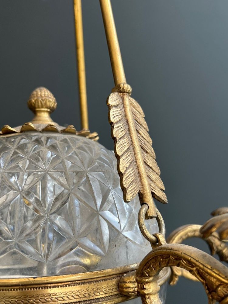 Empire Style Hot Air Balloon Chandelier in Bronze and Crystal with Arrow and Swan Neck Decor.
