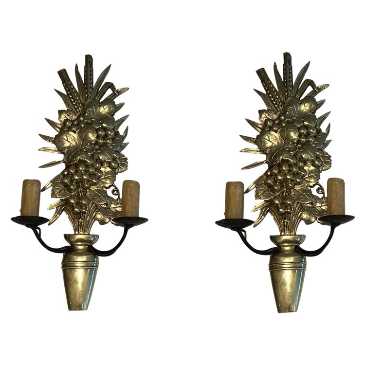 Pair of bronze and wrought iron wall lights depicting a bowl of fruit. French work.