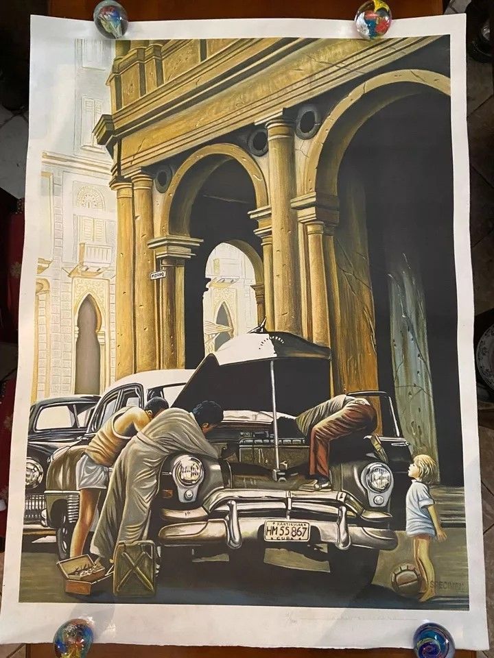Grande lithographie Alain Bertrand "La curiosité" scène de vie à Cuba 21/300