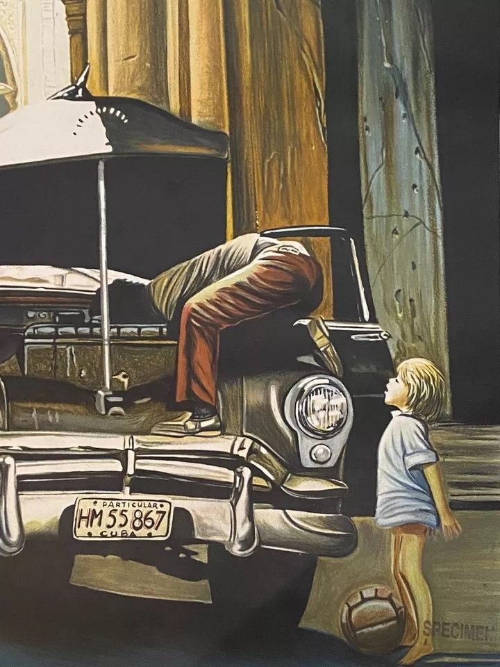 Grande lithographie Alain Bertrand "La curiosité" scène de vie à Cuba 21/300