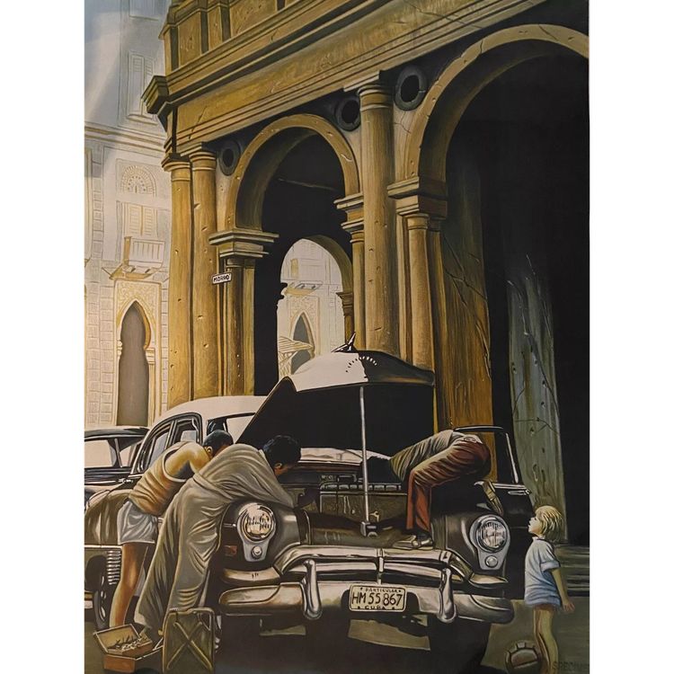 Grande lithographie Alain Bertrand "La curiosité" scène de vie à Cuba 21/300