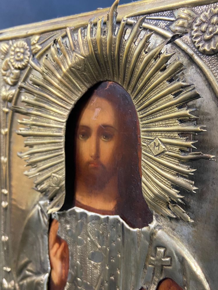 Icône russe au Chris pantocrator bois peint et laiton XIXe