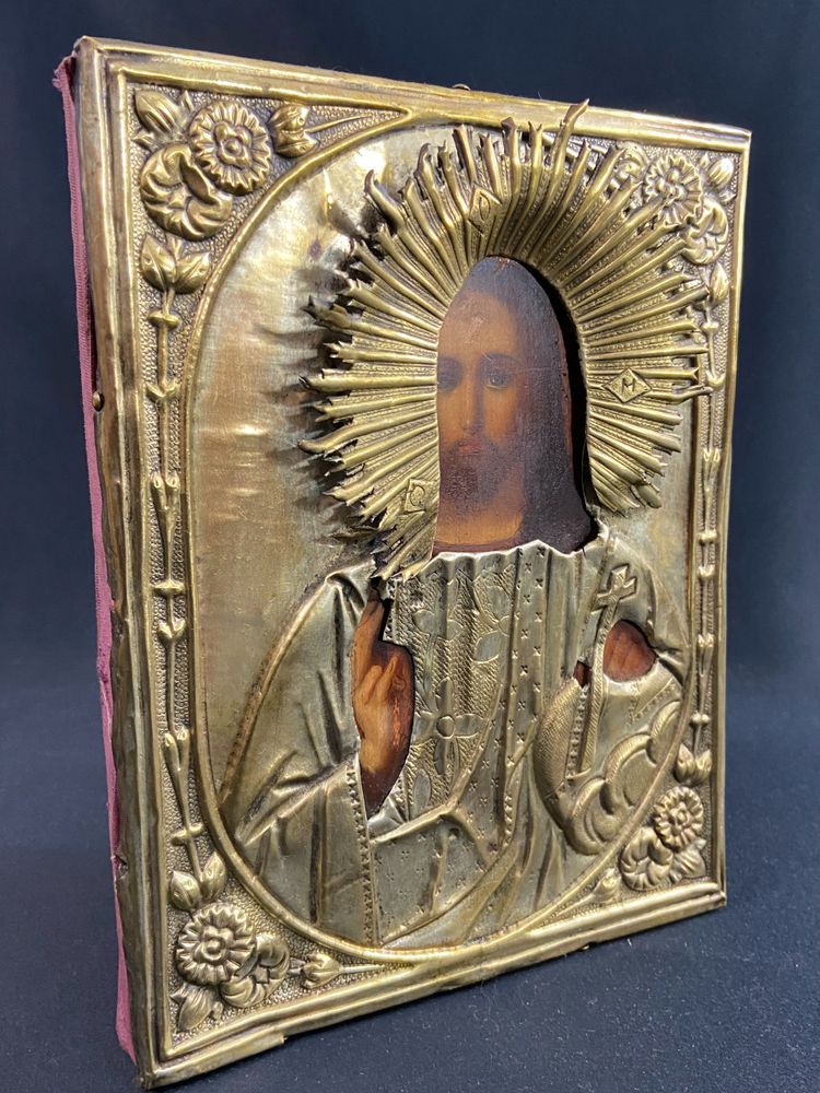 Icône russe au Chris pantocrator bois peint et laiton XIXe