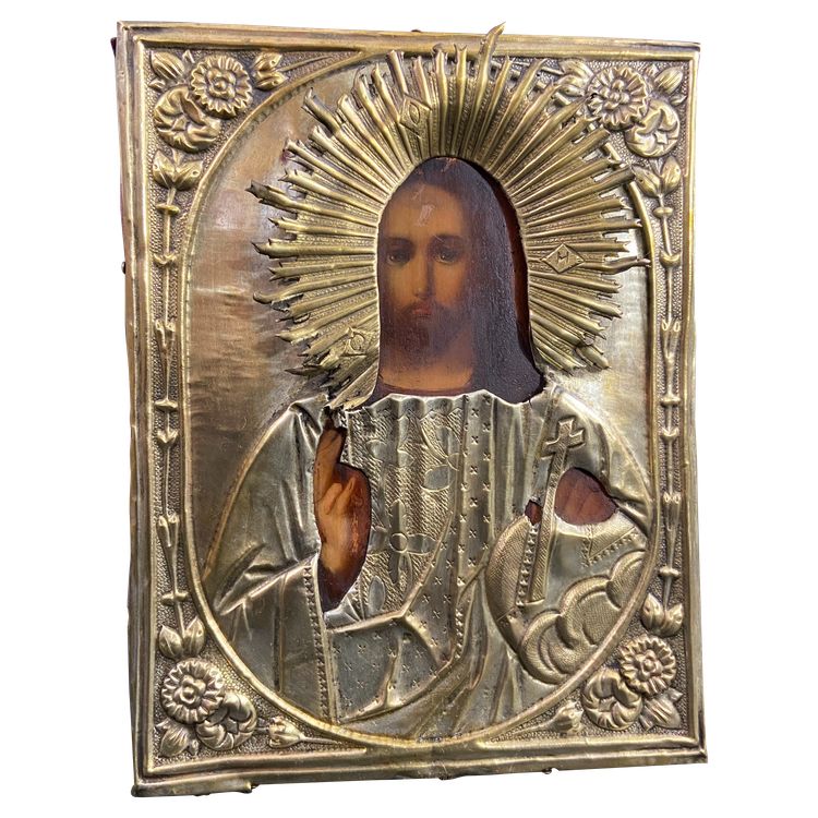 Icône russe au Chris pantocrator bois peint et laiton XIXe