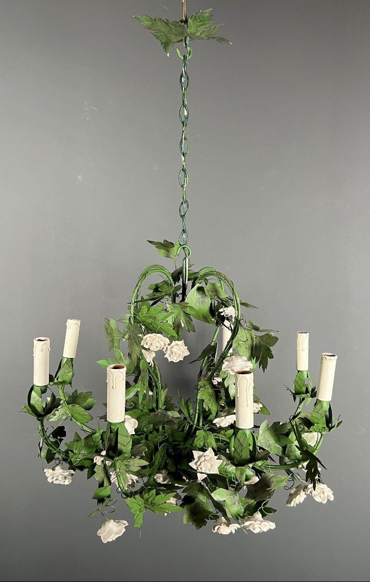 Large 8-Arm Porcelain Foliage And Painted Sheet Metal Chandelier