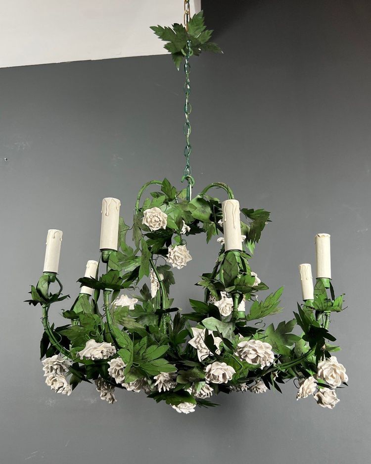 Large 8-Arm Porcelain Foliage And Painted Sheet Metal Chandelier