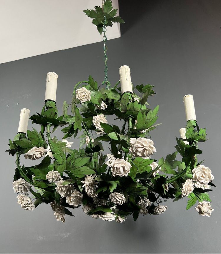 Large 8-Arm Porcelain Foliage And Painted Sheet Metal Chandelier