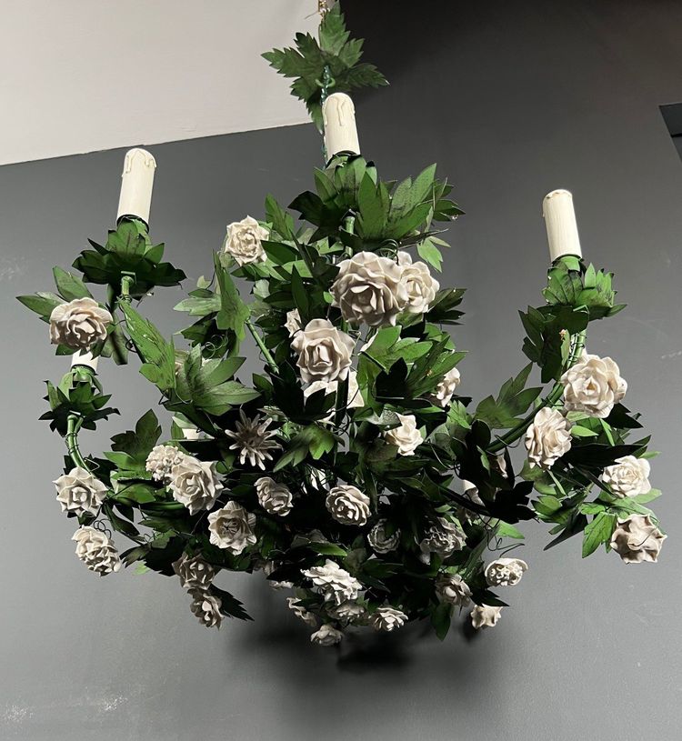 Large 8-Arm Porcelain Foliage And Painted Sheet Metal Chandelier
