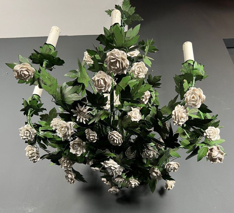 Large 8-Arm Porcelain Foliage And Painted Sheet Metal Chandelier