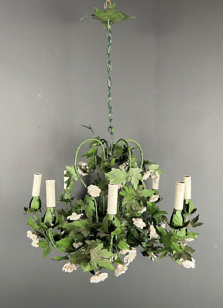 Large 8-Arm Porcelain Foliage And Painted Sheet Metal Chandelier