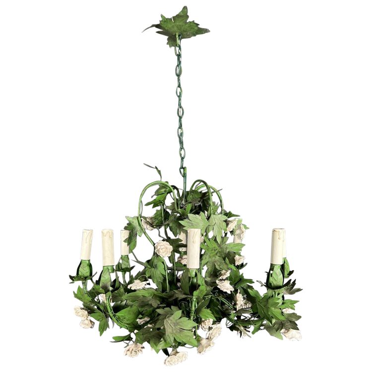 Large 8-Arm Porcelain Foliage And Painted Sheet Metal Chandelier