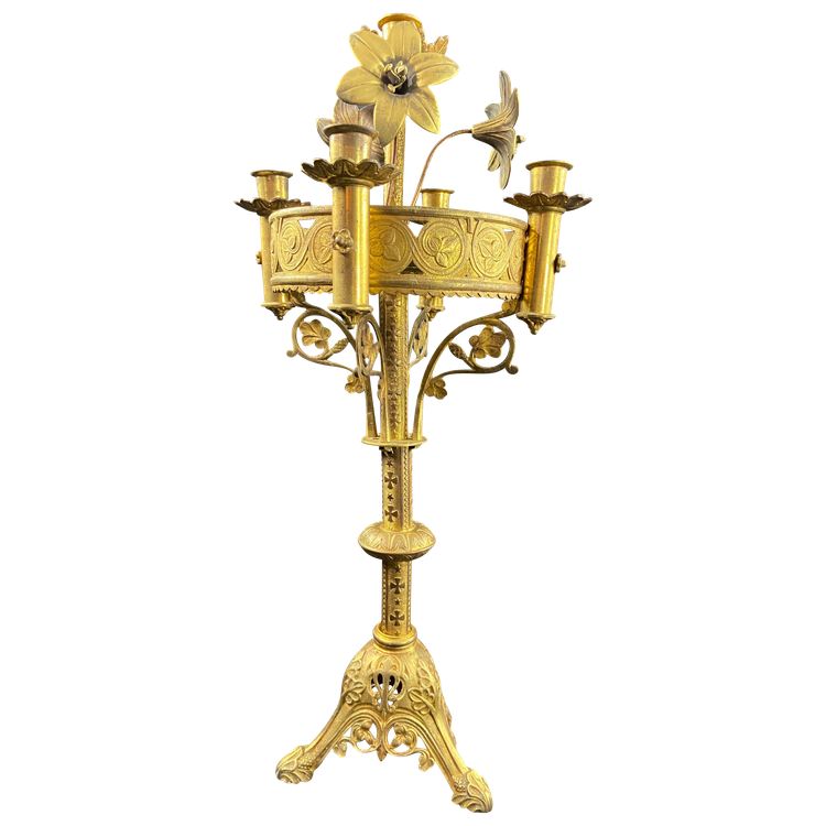 Candeliere da chiesa neogotico in bronzo del XIX secolo